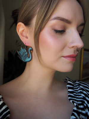 Swan hook charm earrings, lake blue