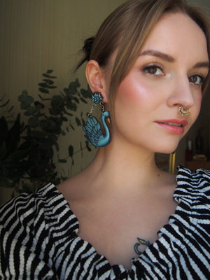 Swan stud charm earrings, lake blue