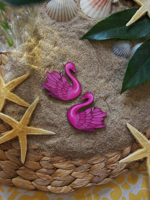 Swan hook charm earrings, fuchia