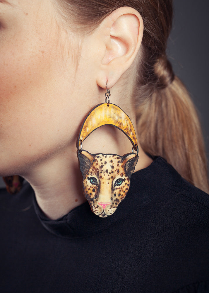 Panthera Moon Earrings, Wood