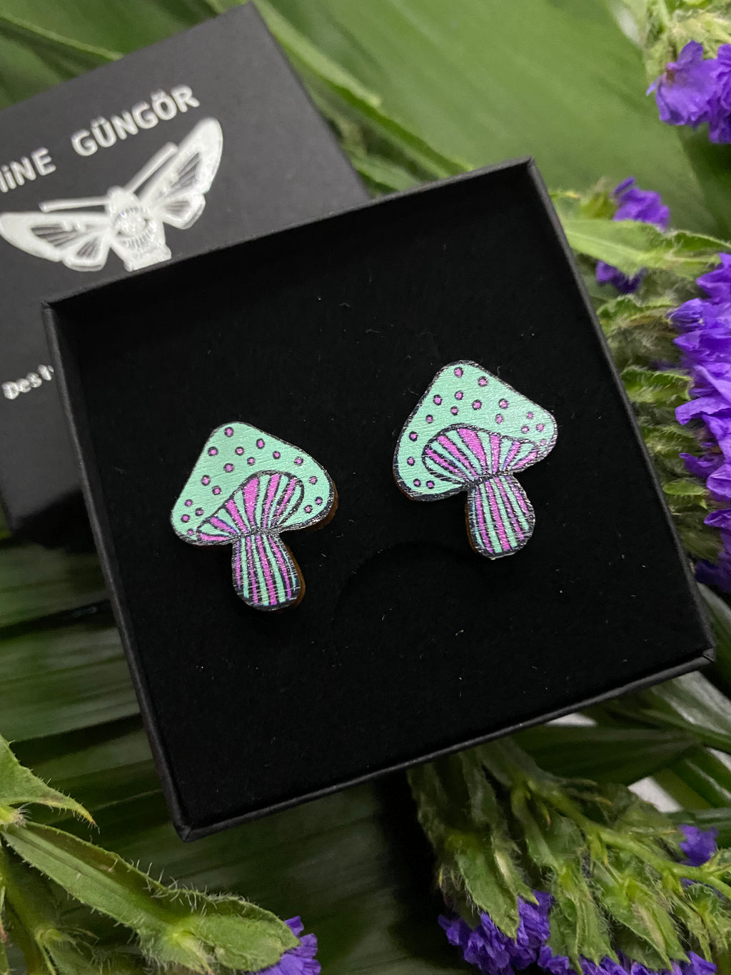 Jungle pre spring collection Poisonous mushie stud earrings, Mint blue/ power pink