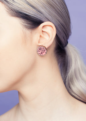 Rose Rosy Pink Stud Earrings, Wood